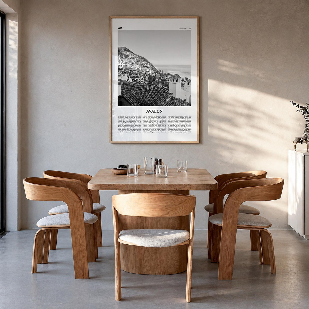 Avalon, California black & white newspaper poster of California, USA – vertical wall art in natural wood frame, hanging on wa