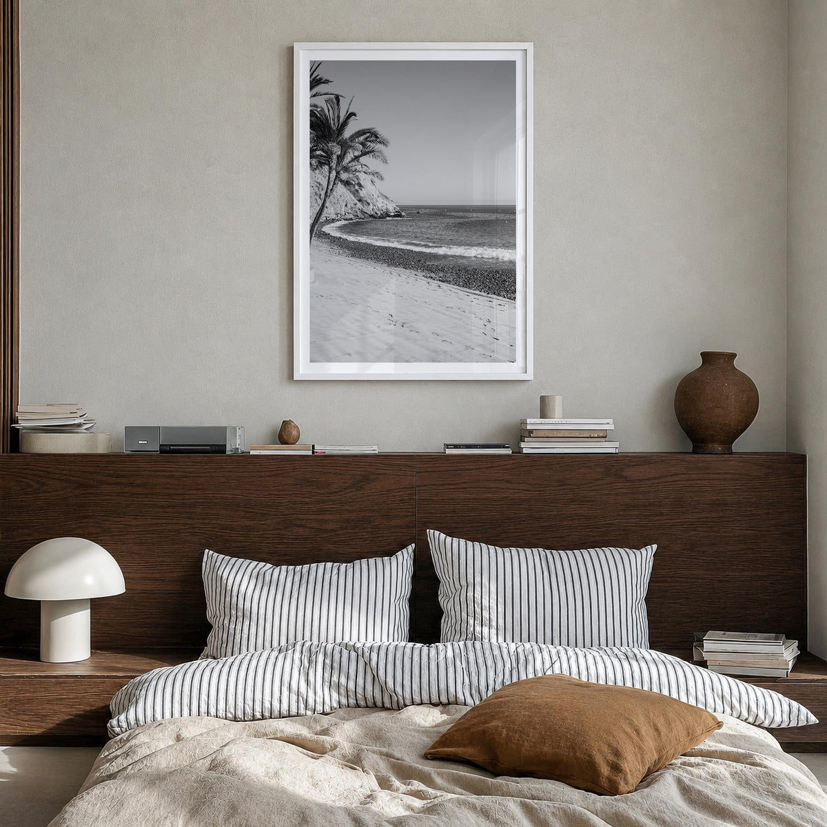 Avalon, California black & white photo poster of California, USA – vertical wall art in white wood frame with white border, h