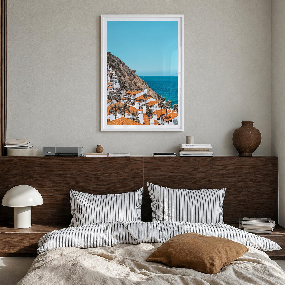 Avalon, California colorful photo poster of California, USA – vertical wall art in white wood frame with white border, hangin