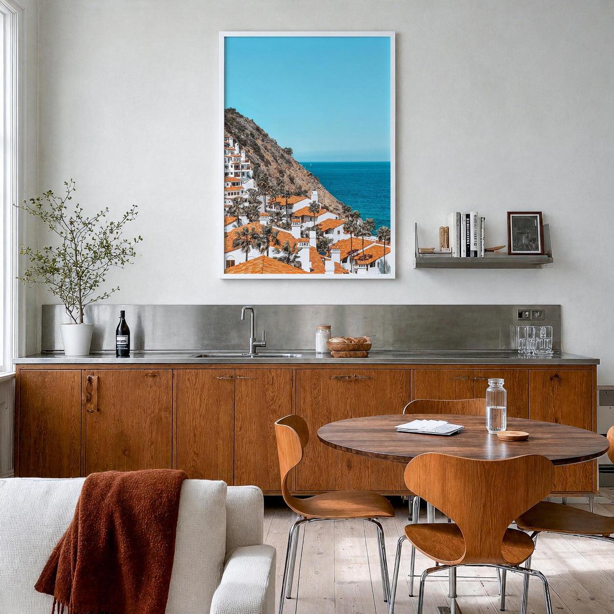 Avalon, California colorful photo poster of California, USA – vertical wall art in white wood frame, hanging on wall
