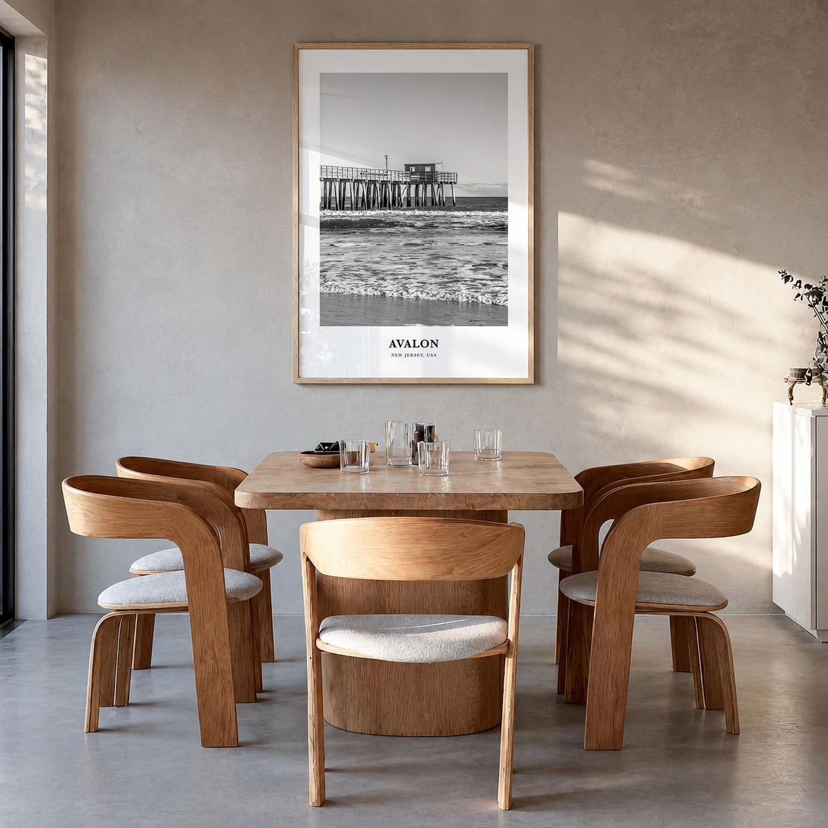 Avalon, New Jersey black & white classic poster of New Jersey, USA – vertical wall art in natural wood frame, hanging on wall