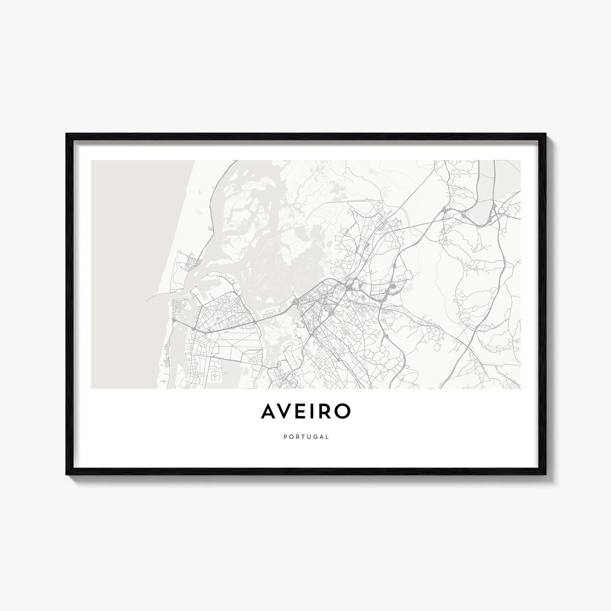 Aveiro black & white map poster of Portugal – horizontal wall art, unframed print shown in interior mockup