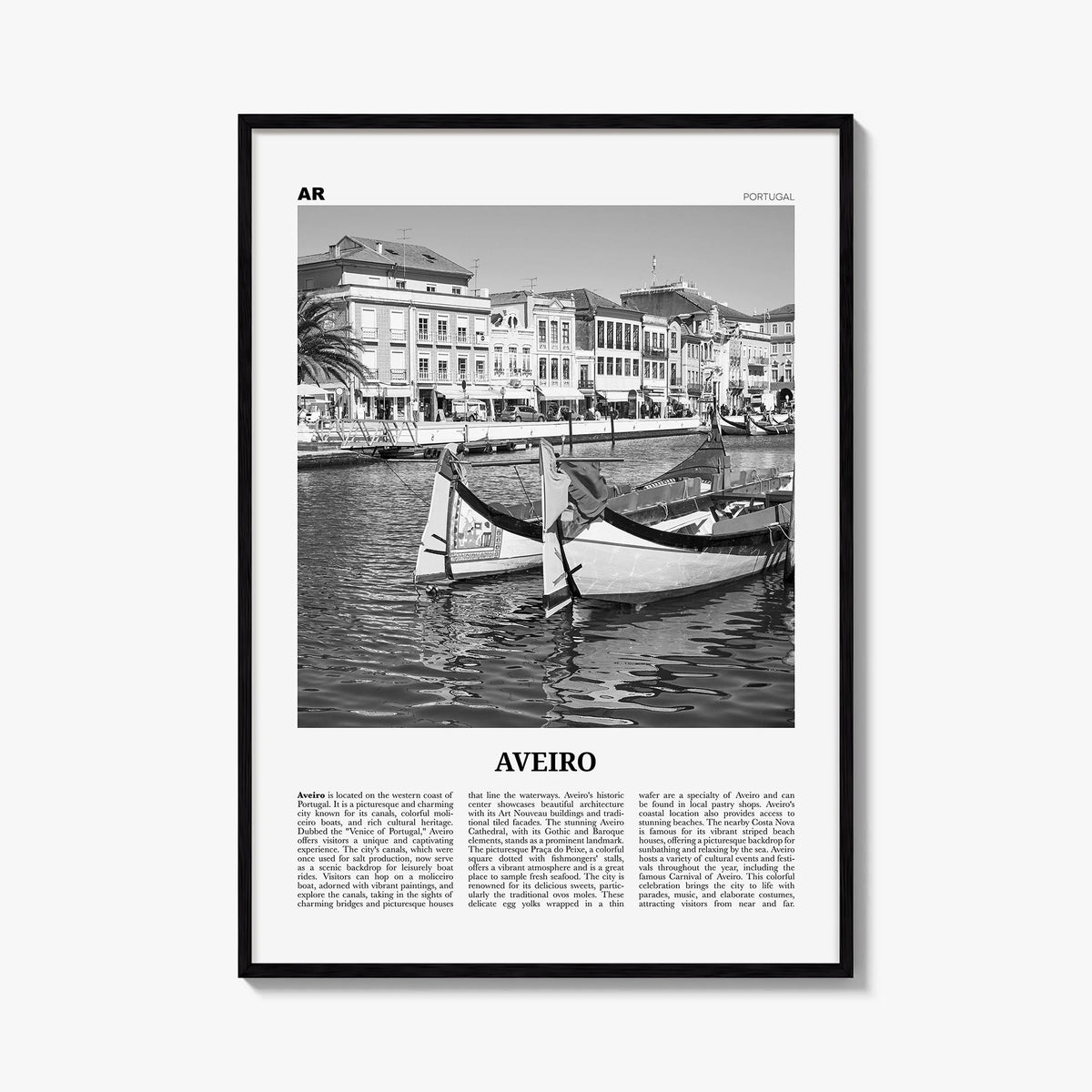 Aveiro black & white newspaper poster of Portugal – vertical wall art, unframed print shown in interior mockup