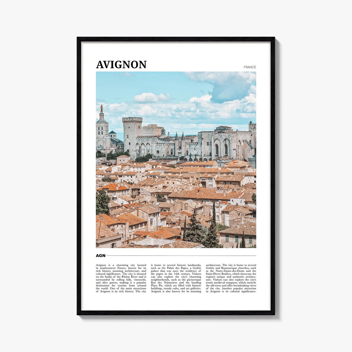 Avignon colorful travel poster of France – vertical wall art, unframed print shown in interior mockup