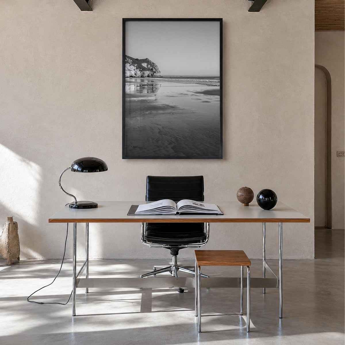Avila Beach black & white photo poster of California, USA – vertical wall art in black wood frame, hanging on wall