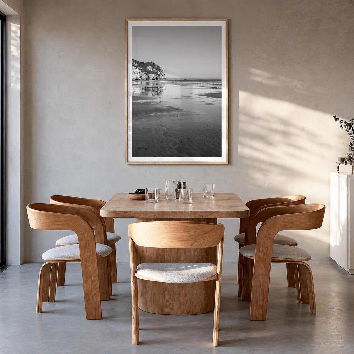 Avila Beach black & white photo poster of California, USA – vertical wall art in natural wood frame with white border, hangin