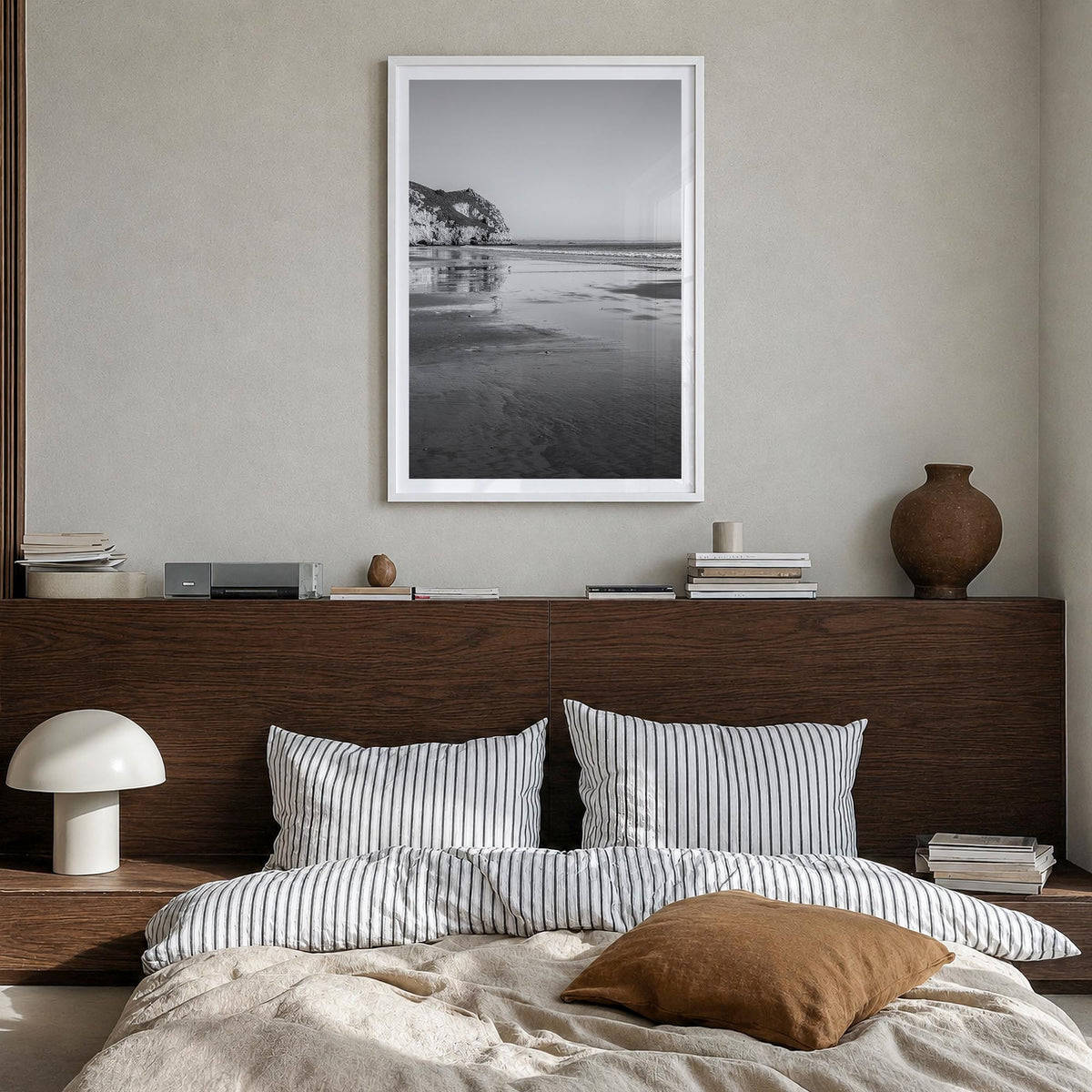 Avila Beach black & white photo poster of California, USA – vertical wall art in white wood frame with white border, hanging