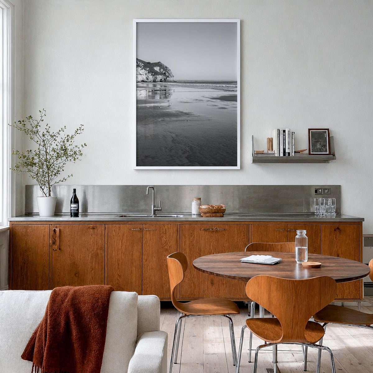 Avila Beach black & white photo poster of California, USA – vertical wall art in white wood frame, hanging on wall