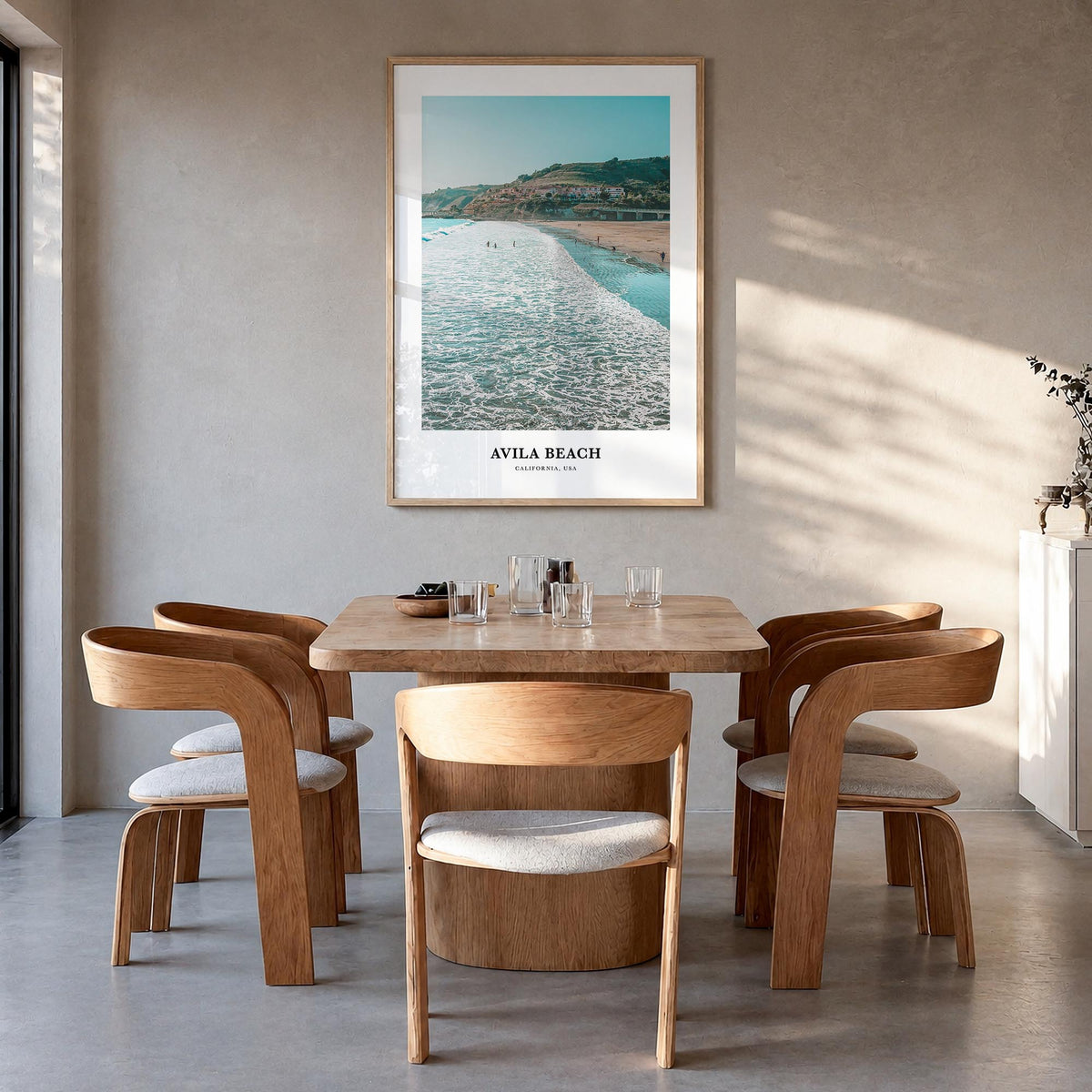 Avila Beach colorful classic poster of California, USA – vertical wall art in natural wood frame, hanging on wall