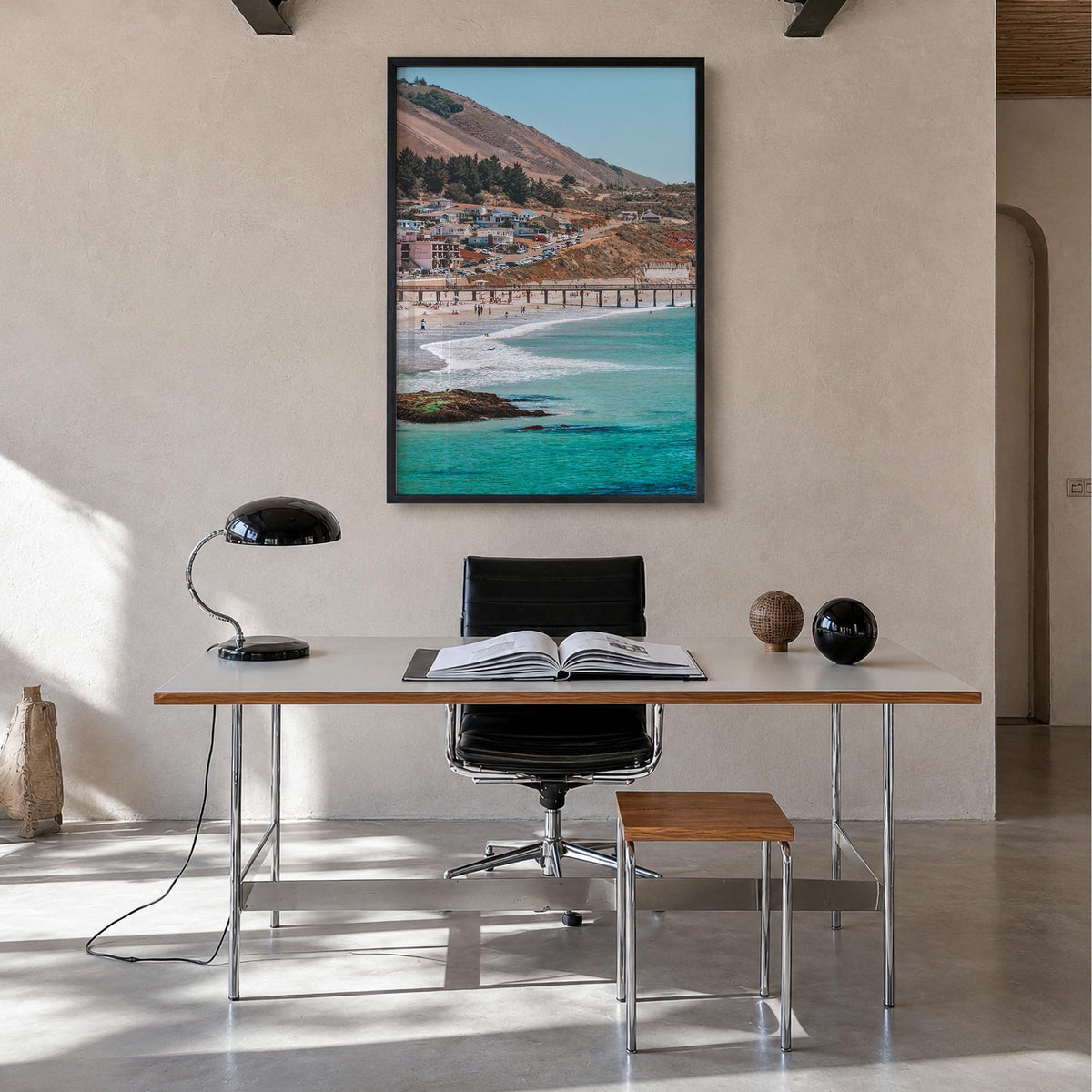 Avila Beach colorful photo poster of California, USA – vertical wall art in black wood frame, hanging on wall
