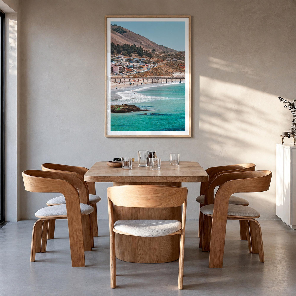 Avila Beach colorful photo poster of California, USA – vertical wall art in natural wood frame with white border, hanging on