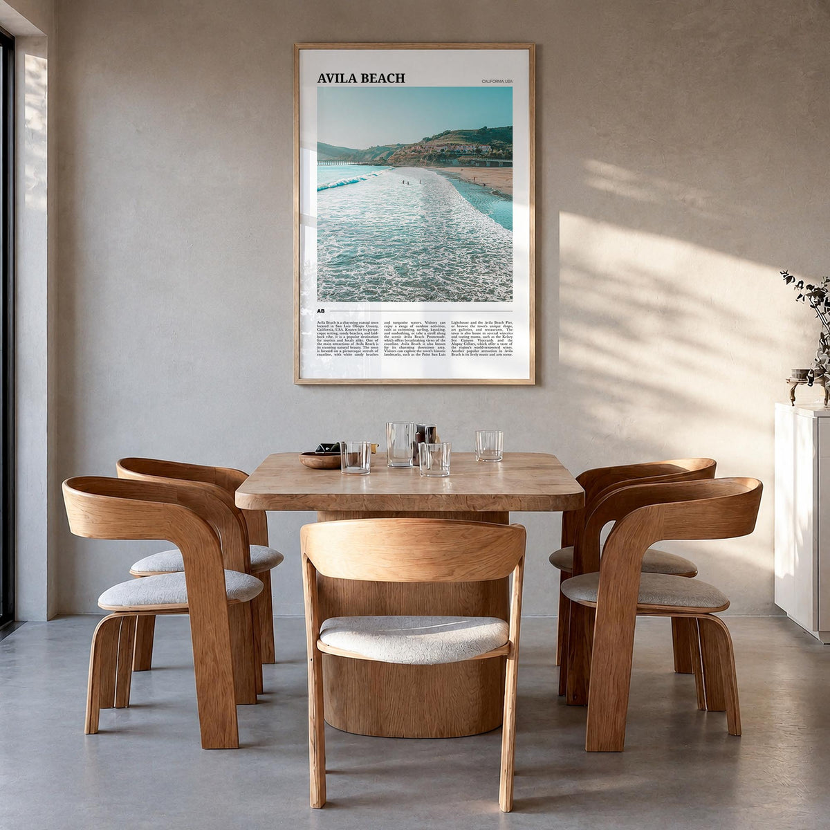 Avila Beach colorful travel poster of California, USA – vertical wall art in natural wood frame, hanging on wall