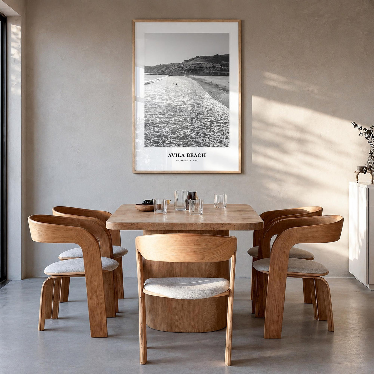 Avila Beach no. 1 black & white classic poster of California, USA – vertical wall art in natural wood frame, hanging on wall