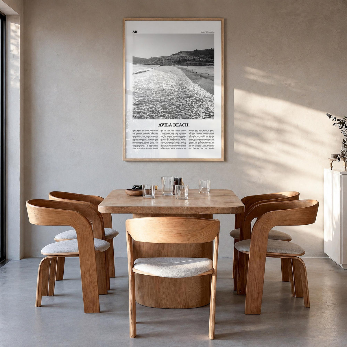 Avila Beach no. 1 black & white newspaper poster of California, USA – vertical wall art in natural wood frame, hanging on wal
