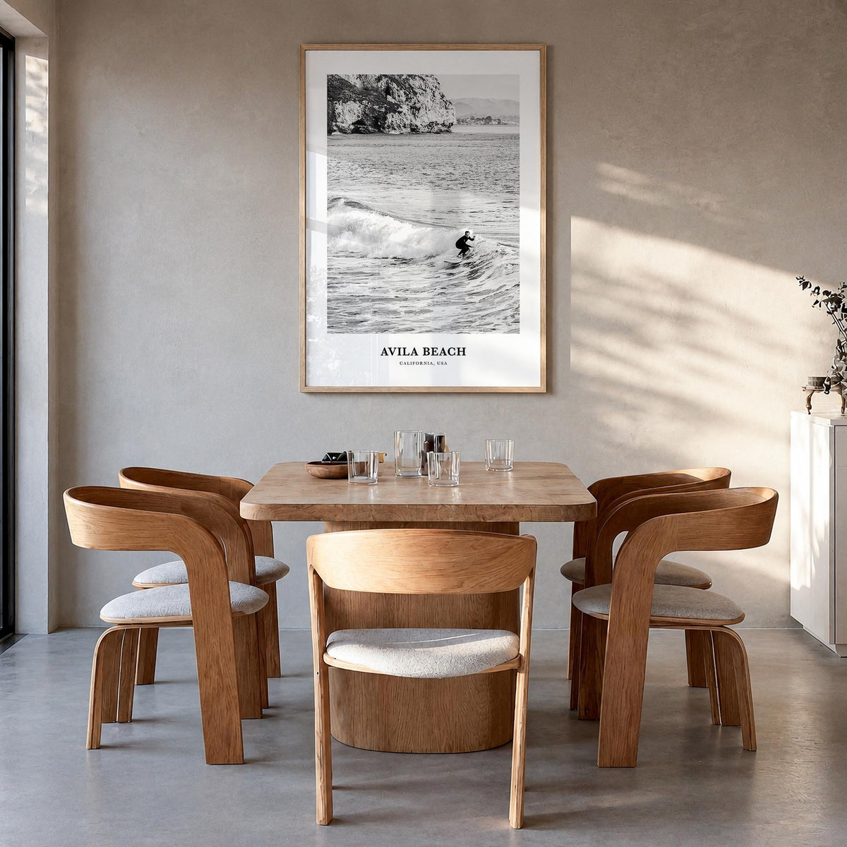 Avila Beach no. 2 black & white classic poster of California, USA – vertical wall art in natural wood frame, hanging on wall