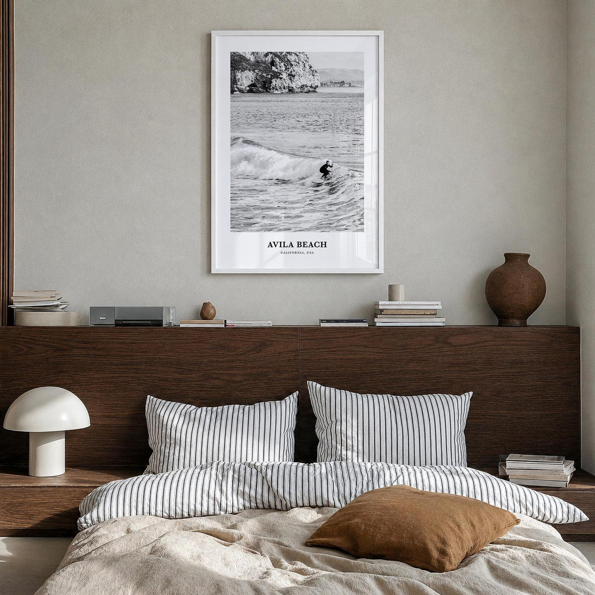 Avila Beach no. 2 black & white classic poster of California, USA – vertical wall art in white wood frame, hanging on wall