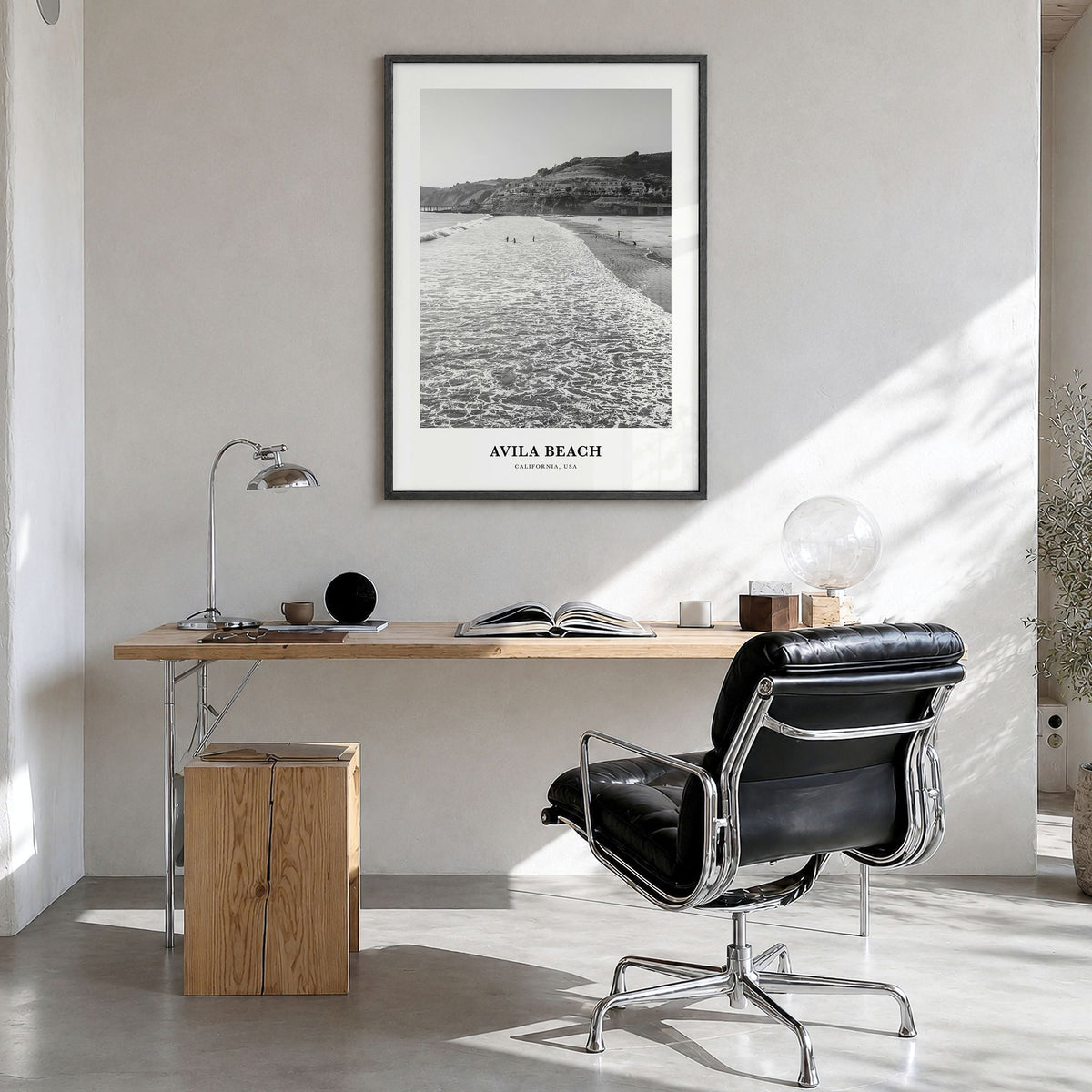 Avila Beach Classic No 1 Poster in a black wood frame, hanging in a bright home office