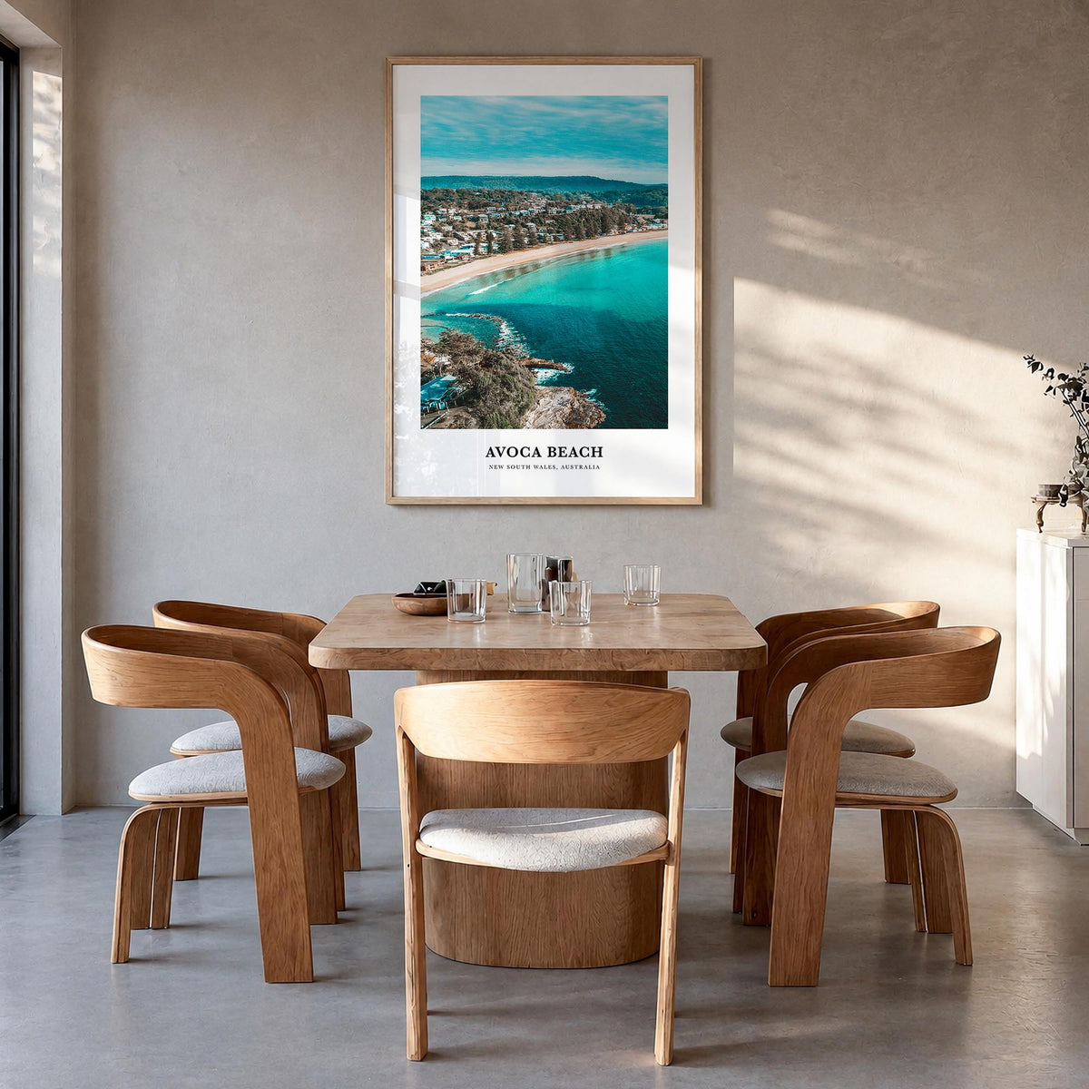 Avoca Beach colorful classic poster of New South Wales, Australia – vertical wall art in natural wood frame, hanging on wall