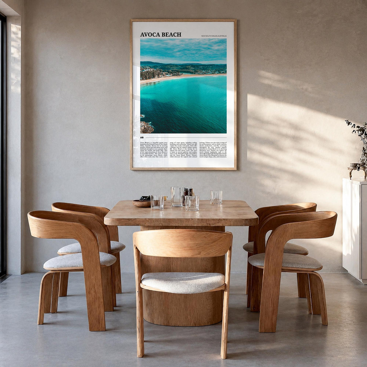 Avoca Beach colorful travel poster of New South Wales, Australia – vertical wall art in natural wood frame, hanging on wall