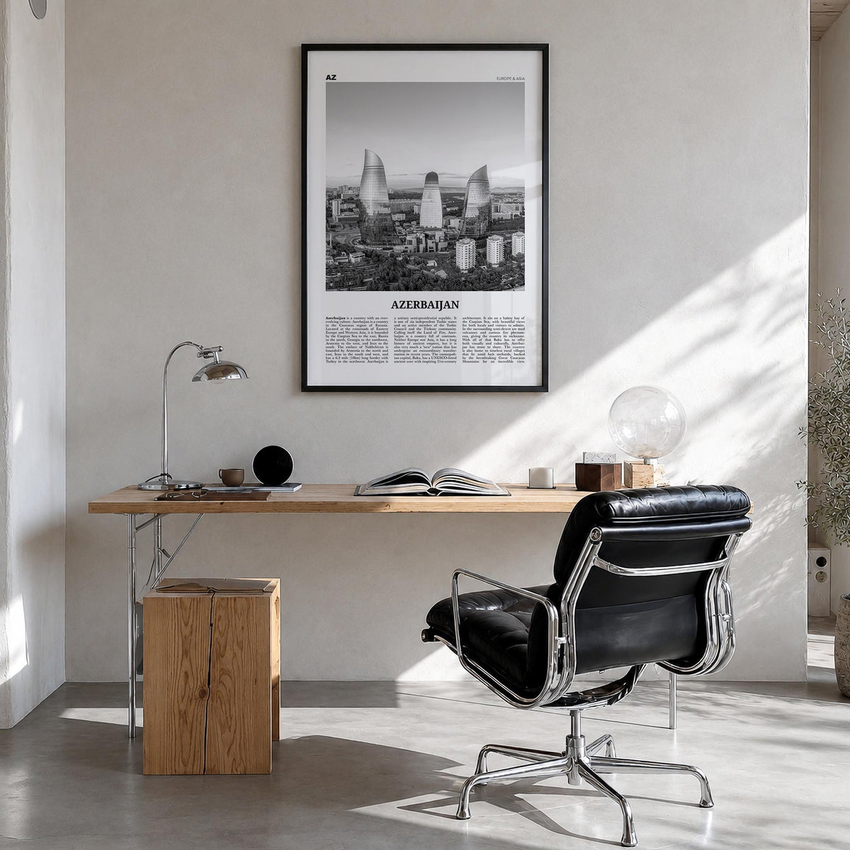 Azerbaijan black & white newspaper poster of Asia – vertical wall art in black wood frame, hanging on wall