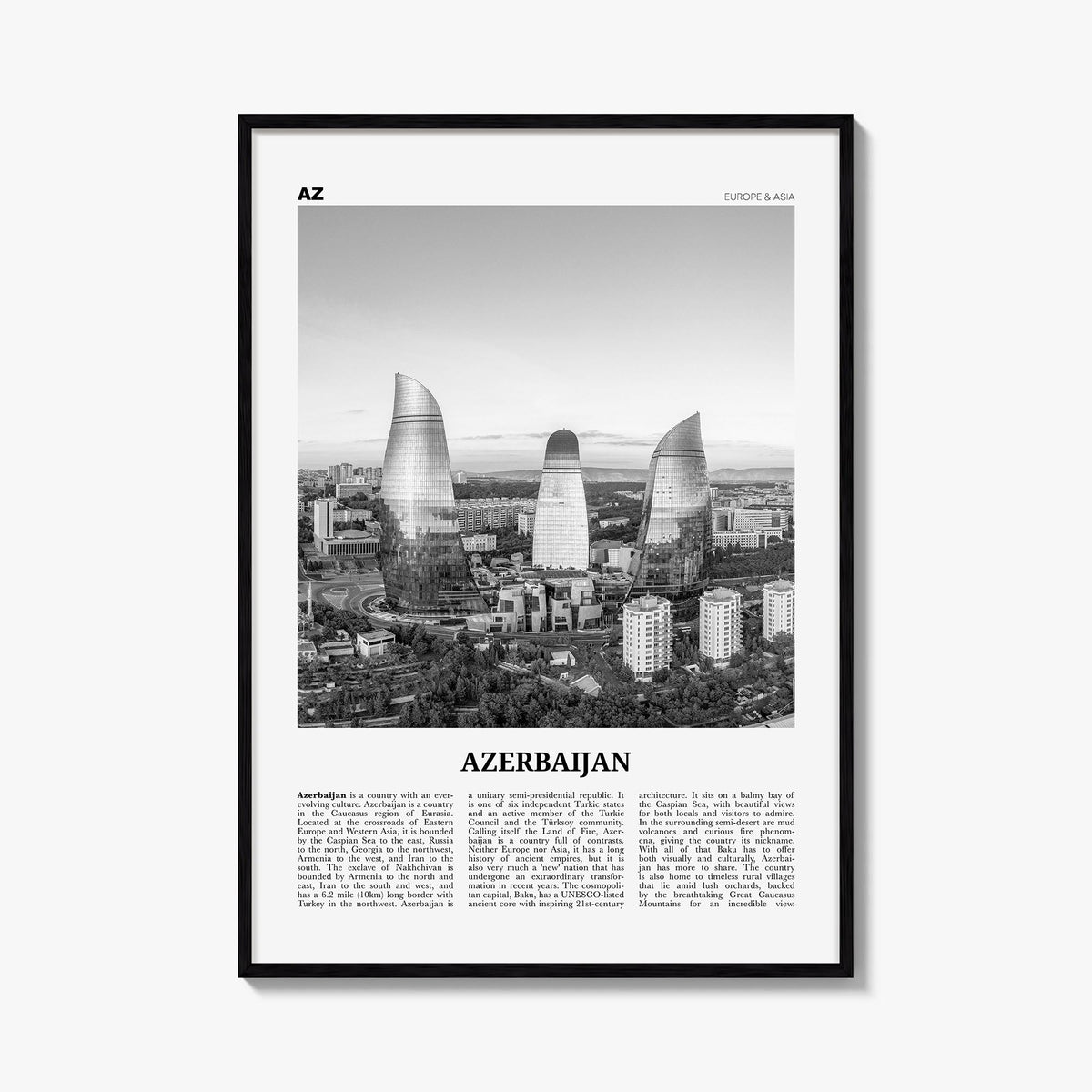 Azerbaijan black & white newspaper poster of Asia – vertical wall art, unframed print shown in interior mockup