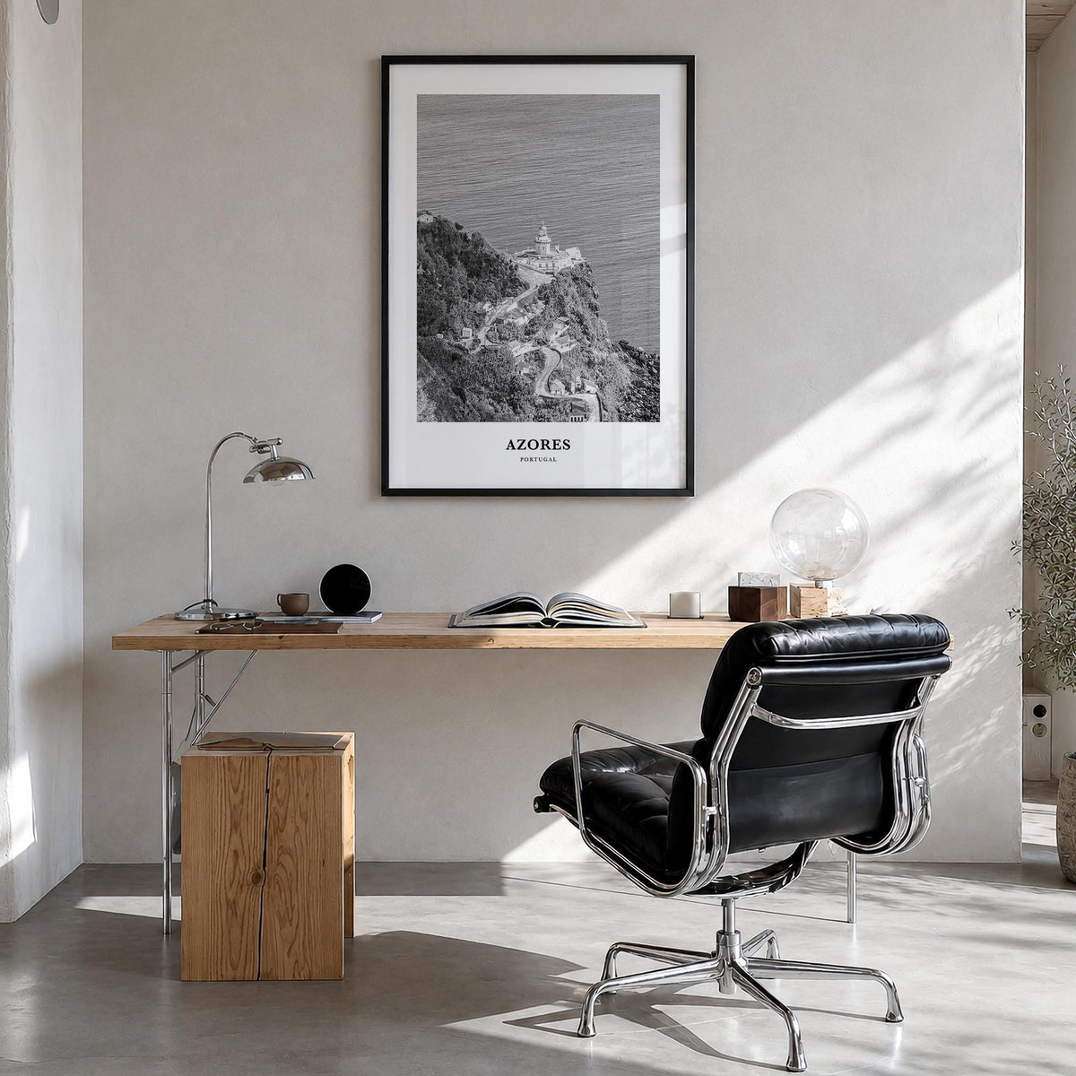 Azores black & white classic poster of Portugal – vertical wall art in black wood frame, hanging on wall