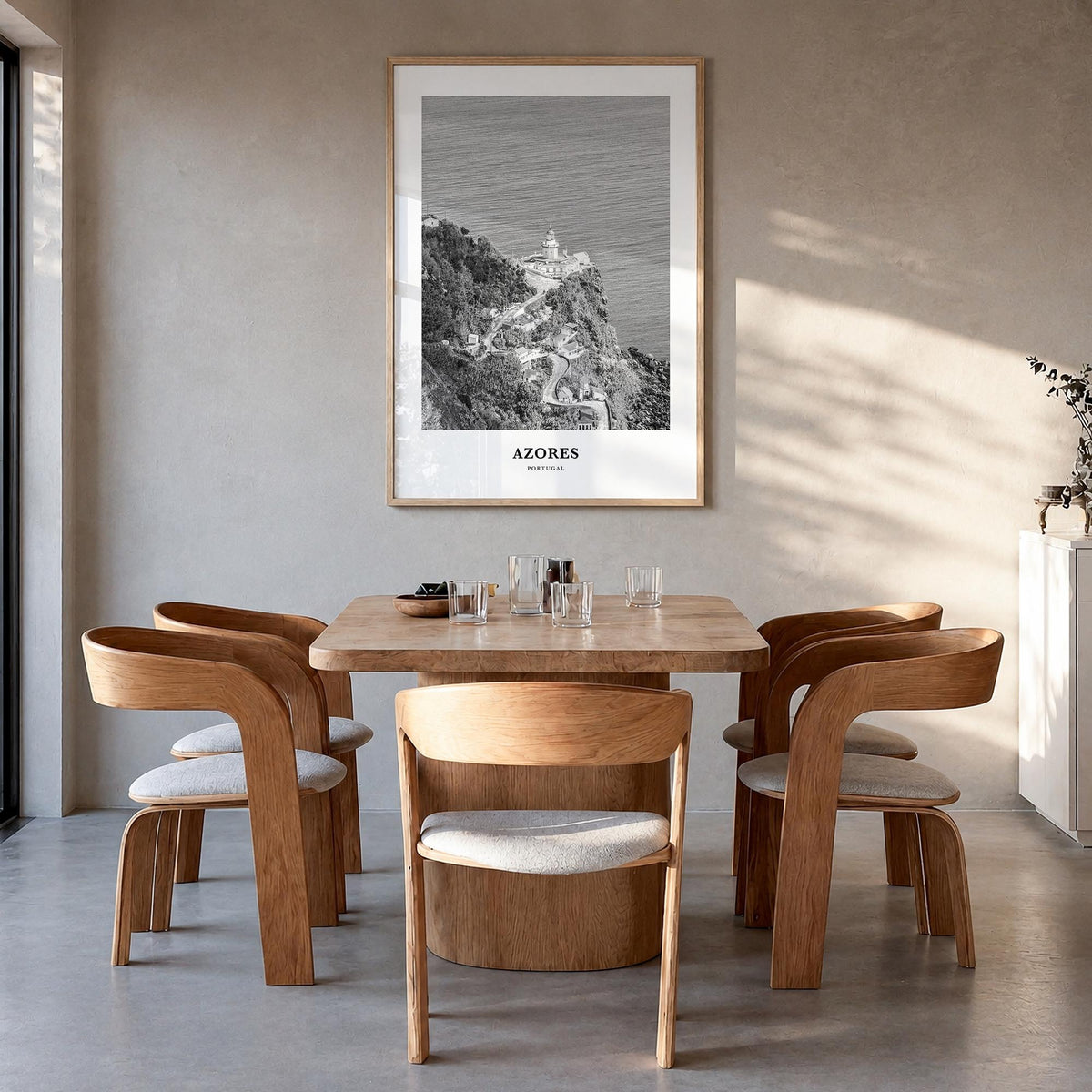 Azores black & white classic poster of Portugal – vertical wall art in natural wood frame, hanging on wall