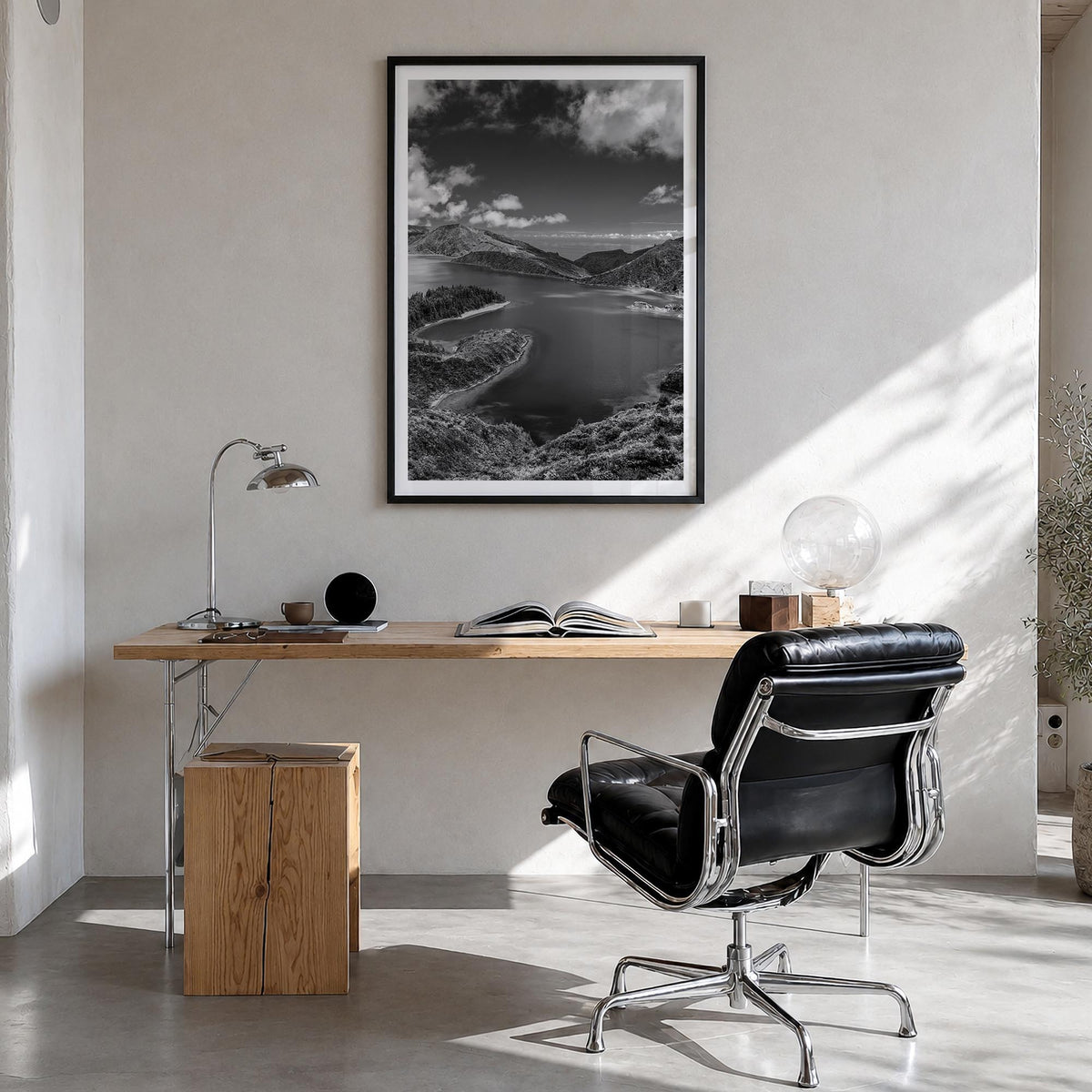Azores black & white photo poster of Portugal – vertical wall art in black wood frame with white border, hanging on wall