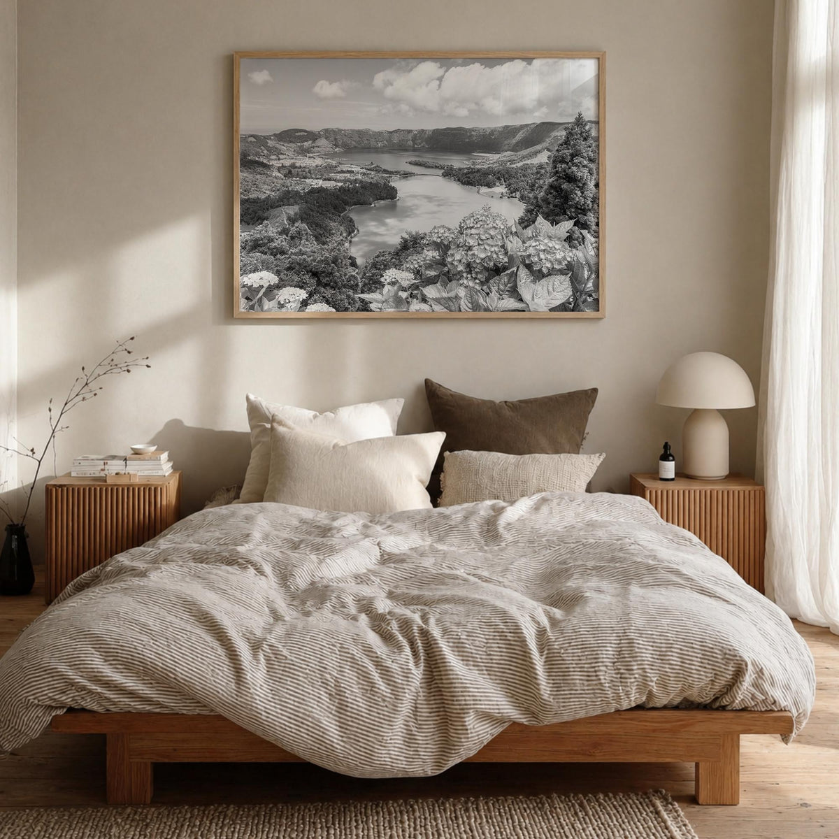 Azores black & white photo poster of Portugal – horizontal wall art in natural wood frame, hanging on wall