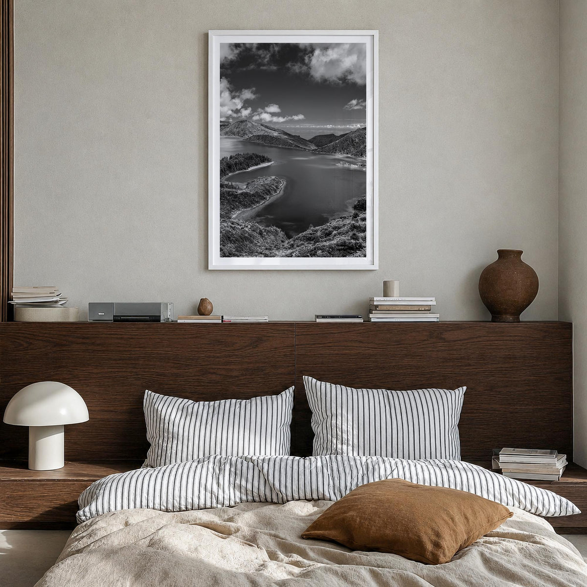 Azores black & white photo poster of Portugal – vertical wall art in white wood frame with white border, hanging on wall