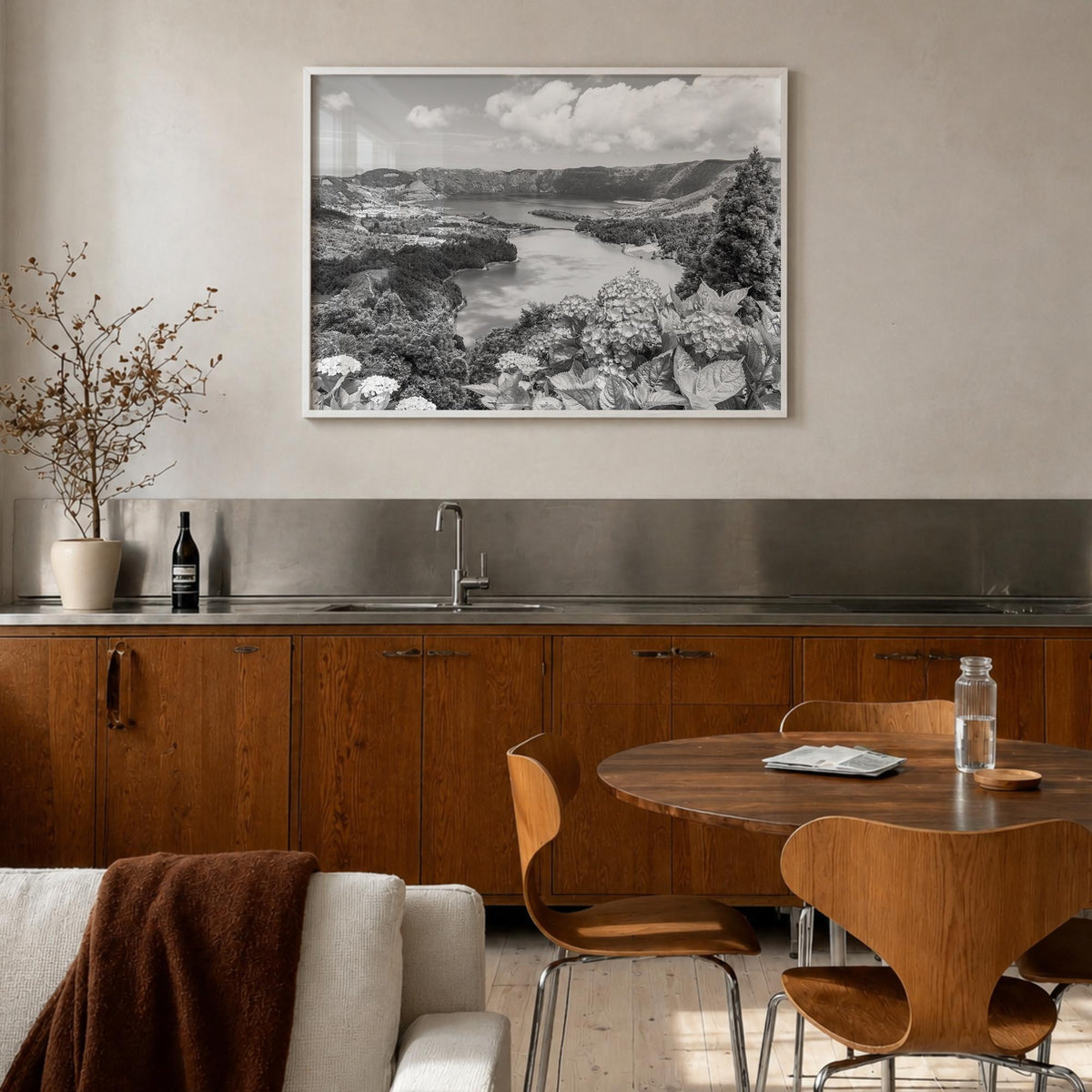 Azores black & white photo poster of Portugal – horizontal wall art in white wood frame, hanging on wall
