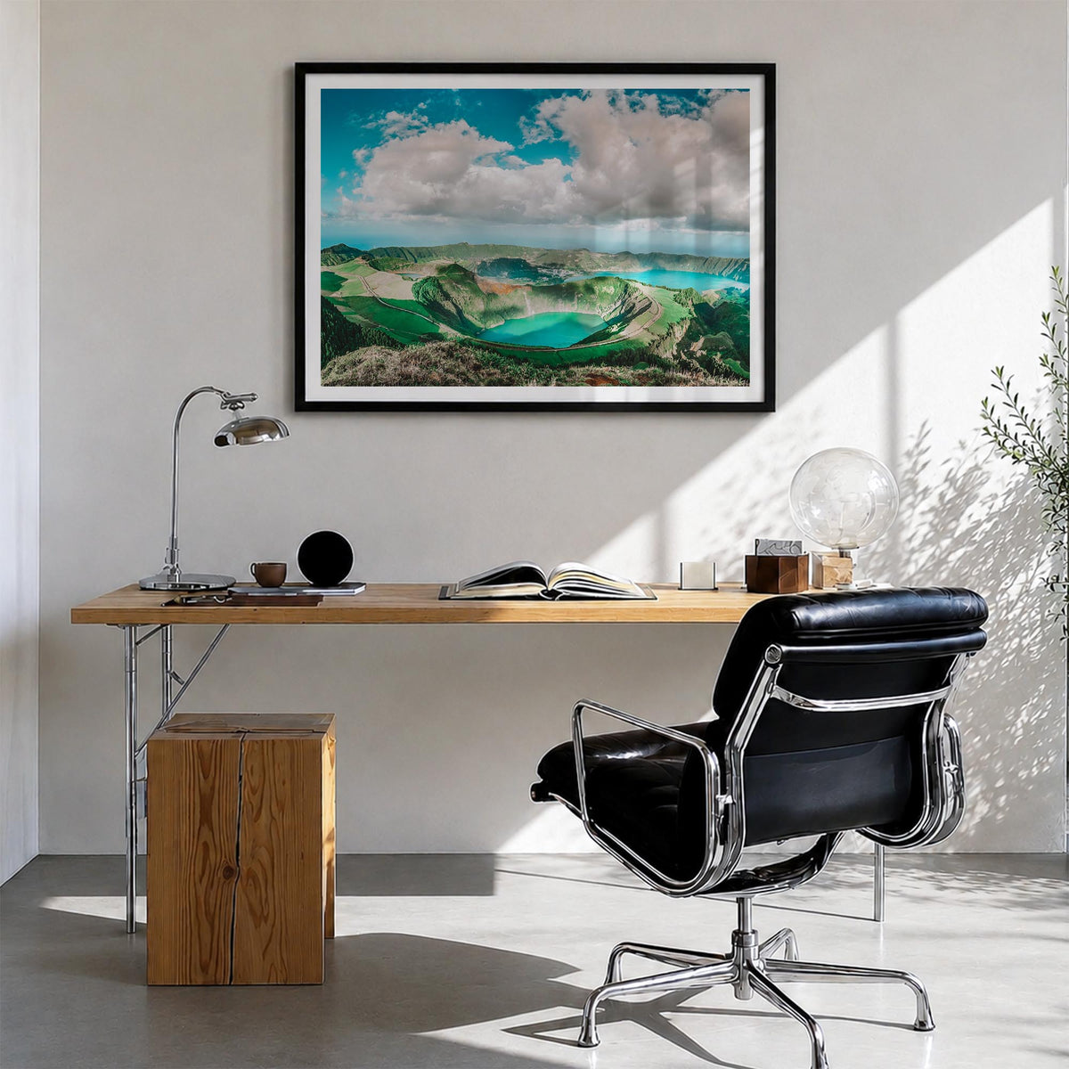 Azores colorful photo poster of Portugal – horizontal wall art in black wood frame with white border, hanging on wall