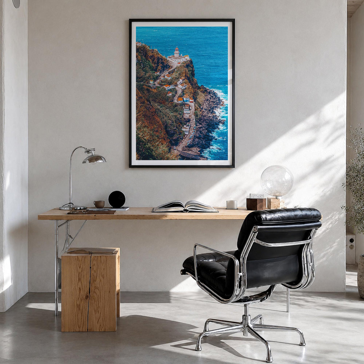 Azores colorful photo poster of Portugal – vertical wall art in black wood frame with white border, hanging on wall