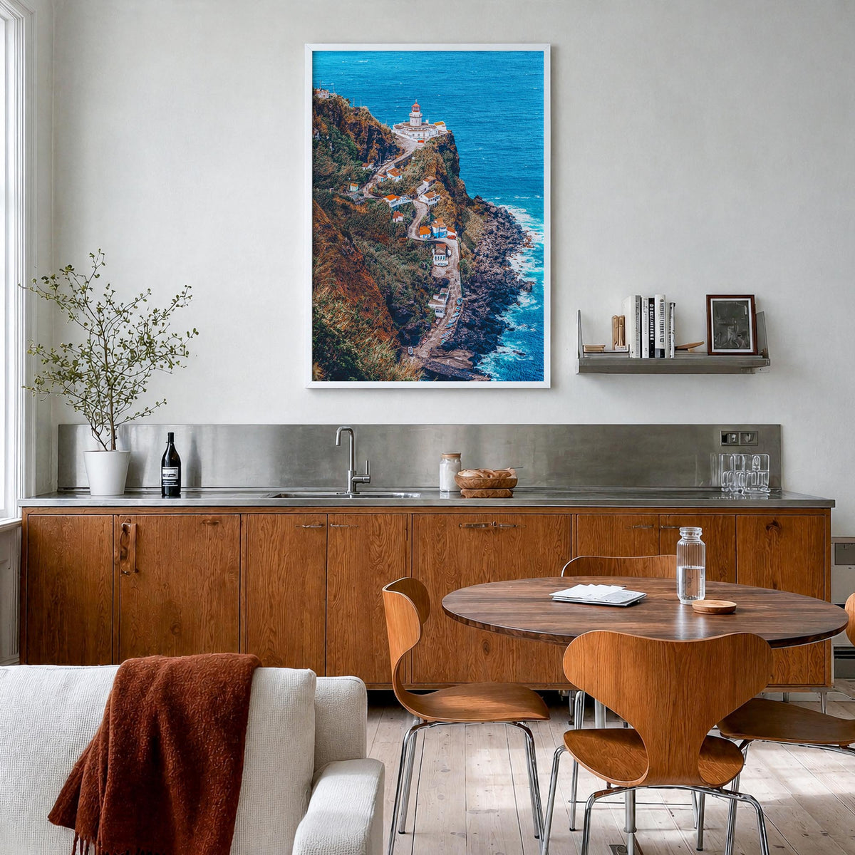 Azores colorful photo poster of Portugal – vertical wall art in white wood frame, hanging on wall