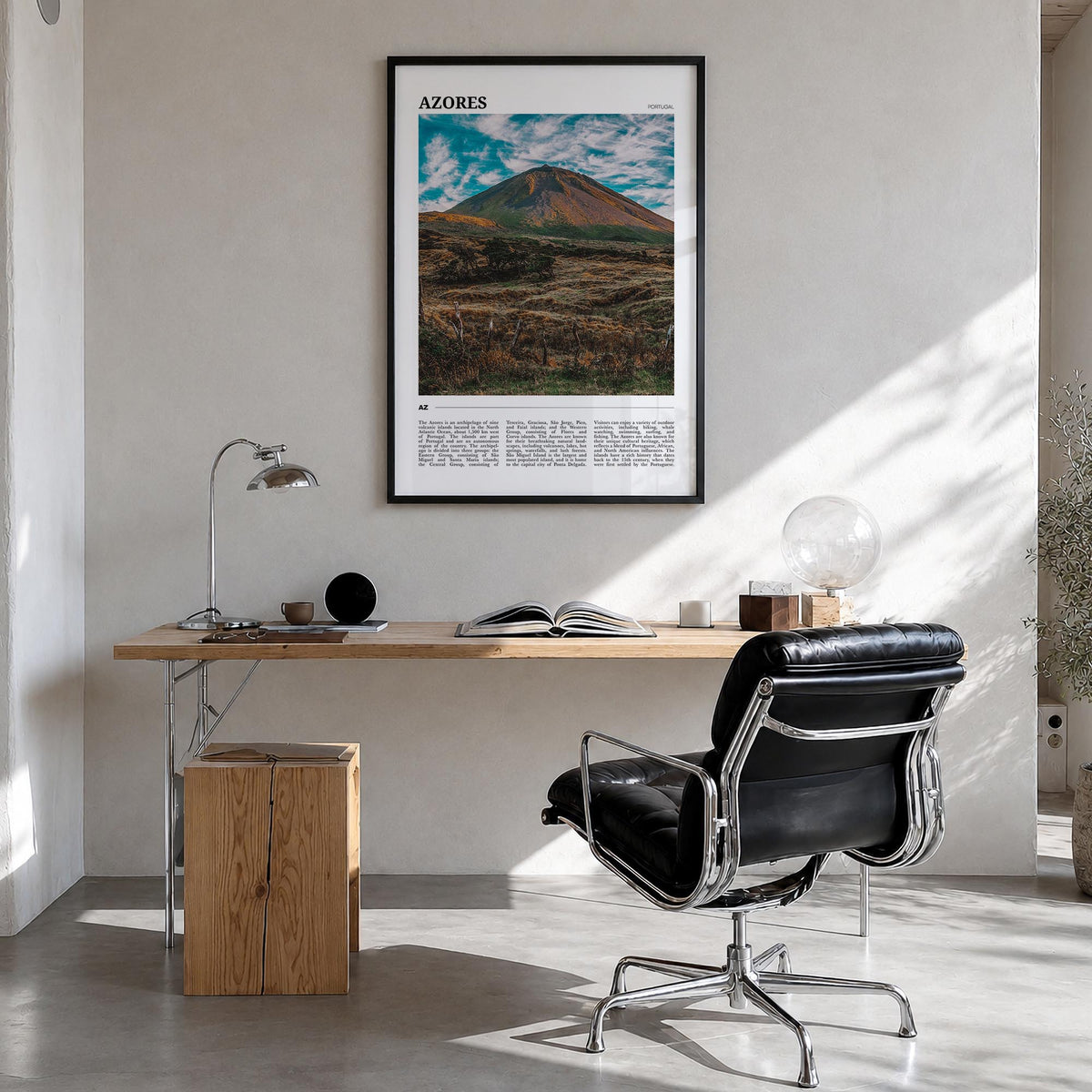 Azores colorful travel poster of Portugal – vertical wall art in black wood frame, hanging on wall