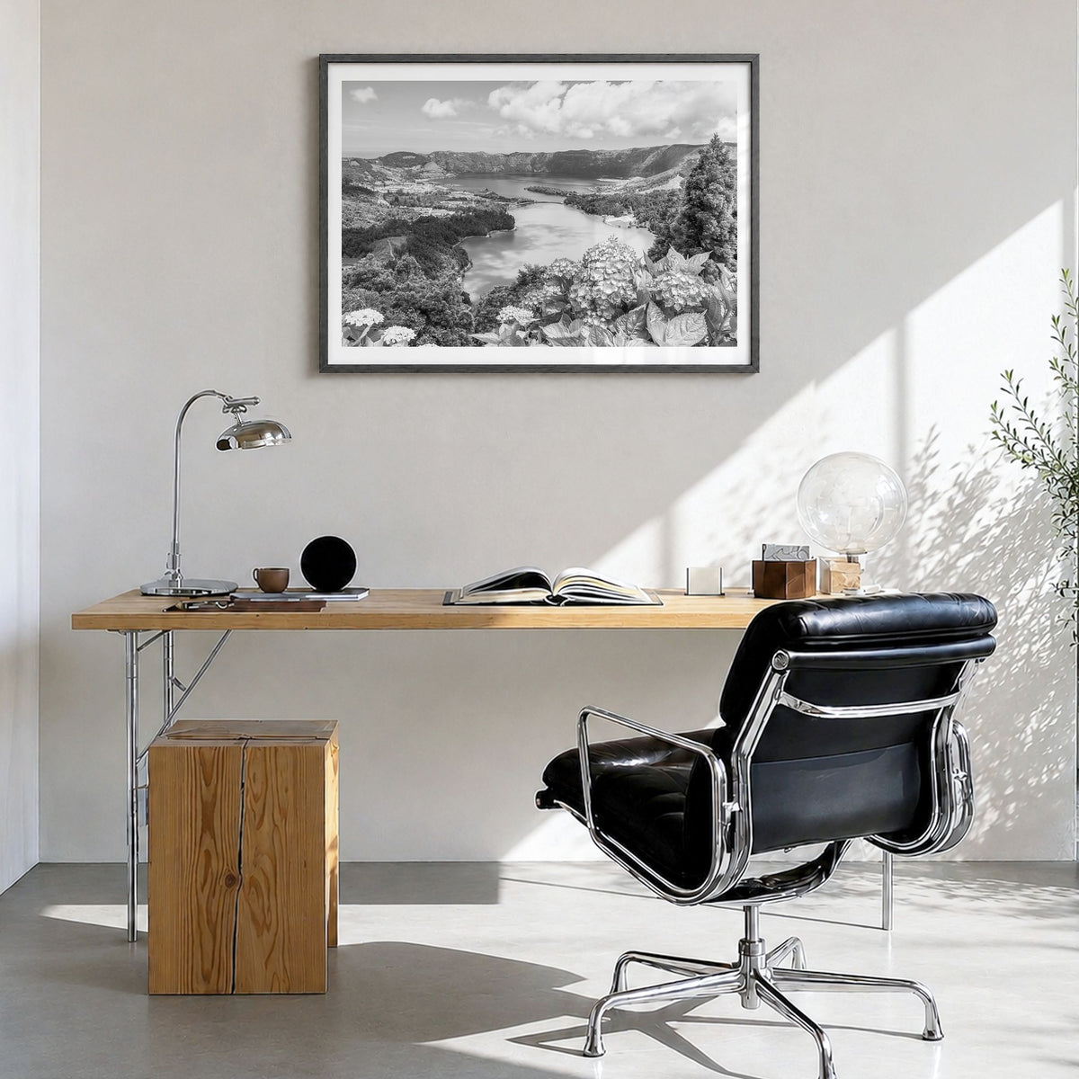 Azores Photo Poster in a black wood frame, hanging in a bright home office, white border