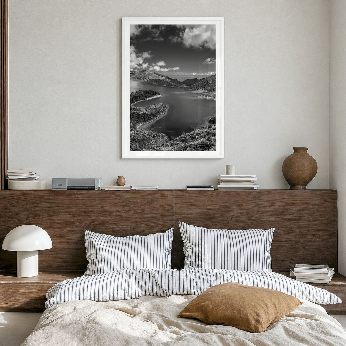 Azores Photo Poster in a white wood frame, hanging in a bedroom, white border