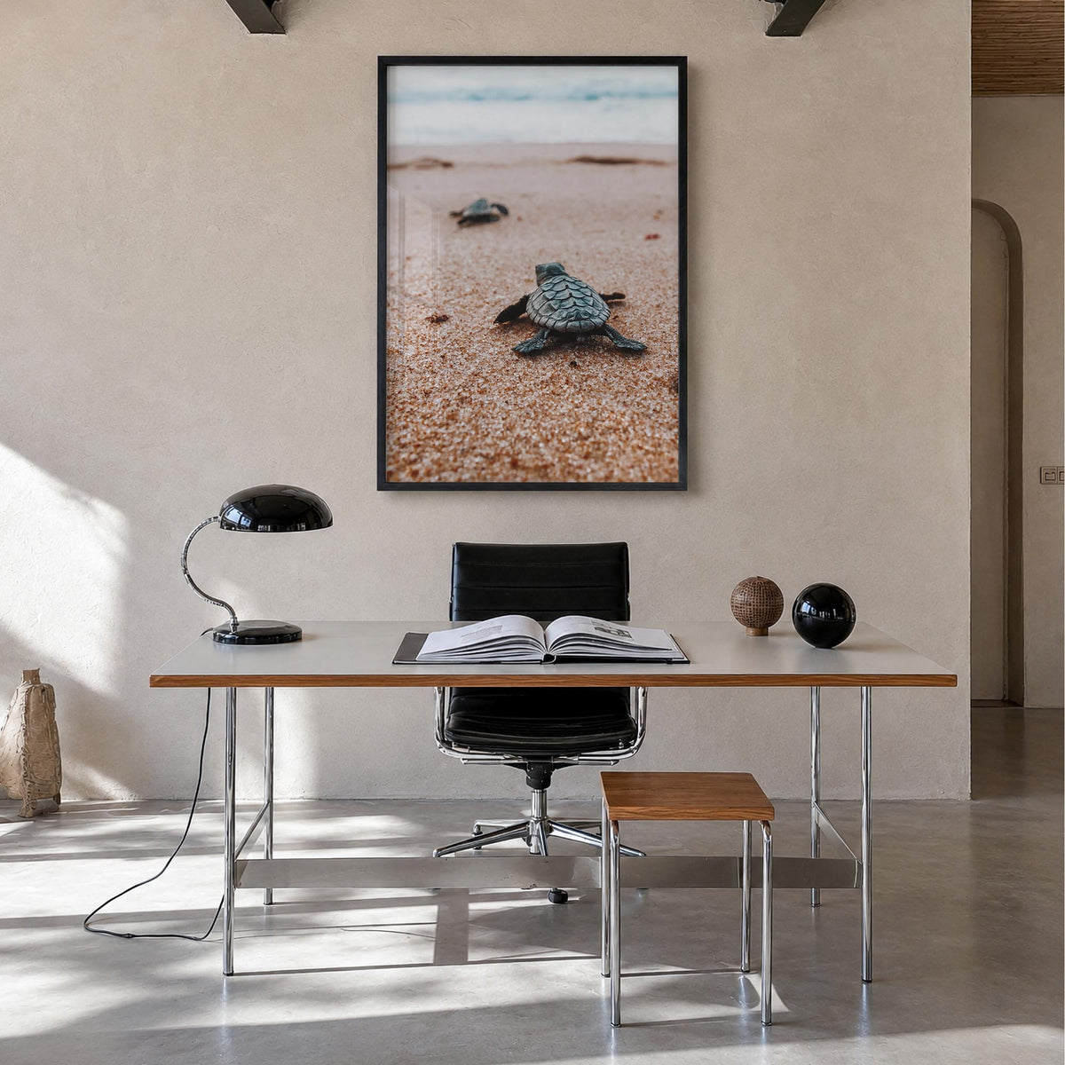 Baby Turtles no. 2 colorful photo poster – vertical wall art in black wood frame, hanging on wall