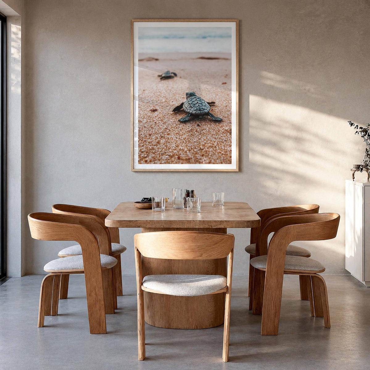 Baby Turtles no. 2 colorful photo poster – vertical wall art in natural wood frame with white border, hanging on wall