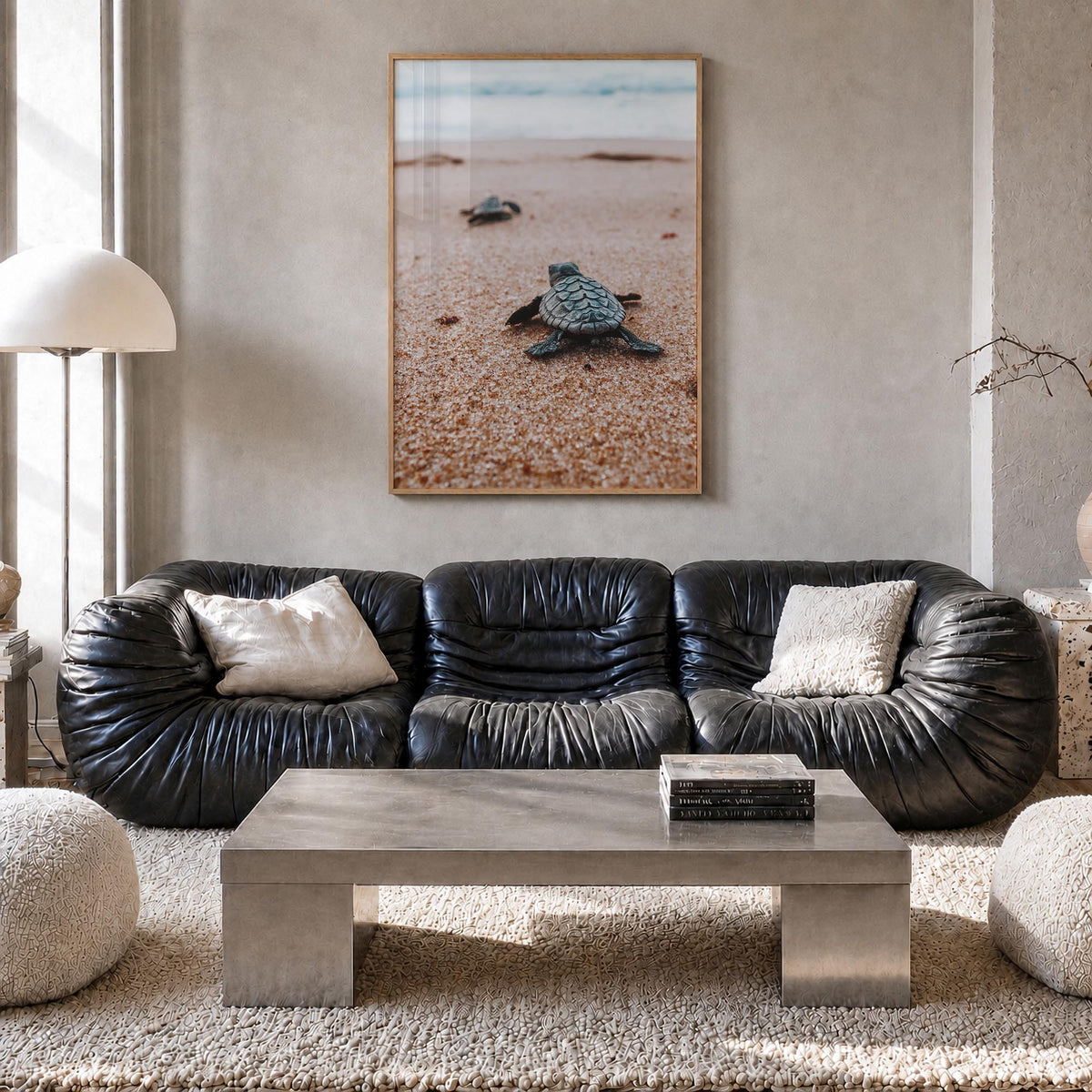 Baby Turtles no. 2 colorful photo poster – vertical wall art in natural wood frame, hanging on wall