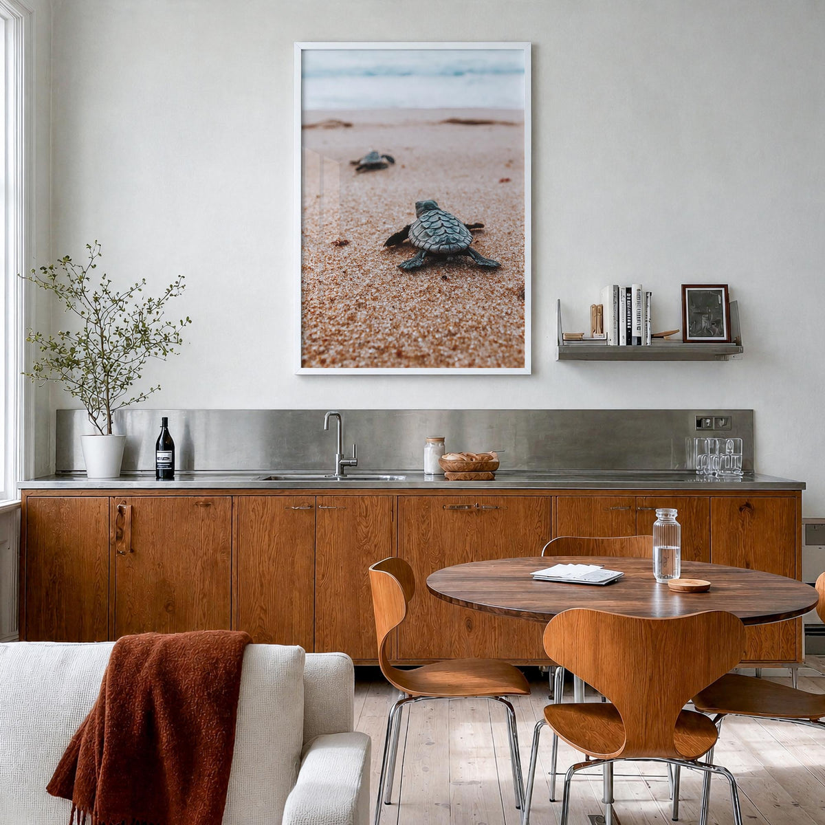 Baby Turtles no. 2 colorful photo poster – vertical wall art in white wood frame, hanging on wall