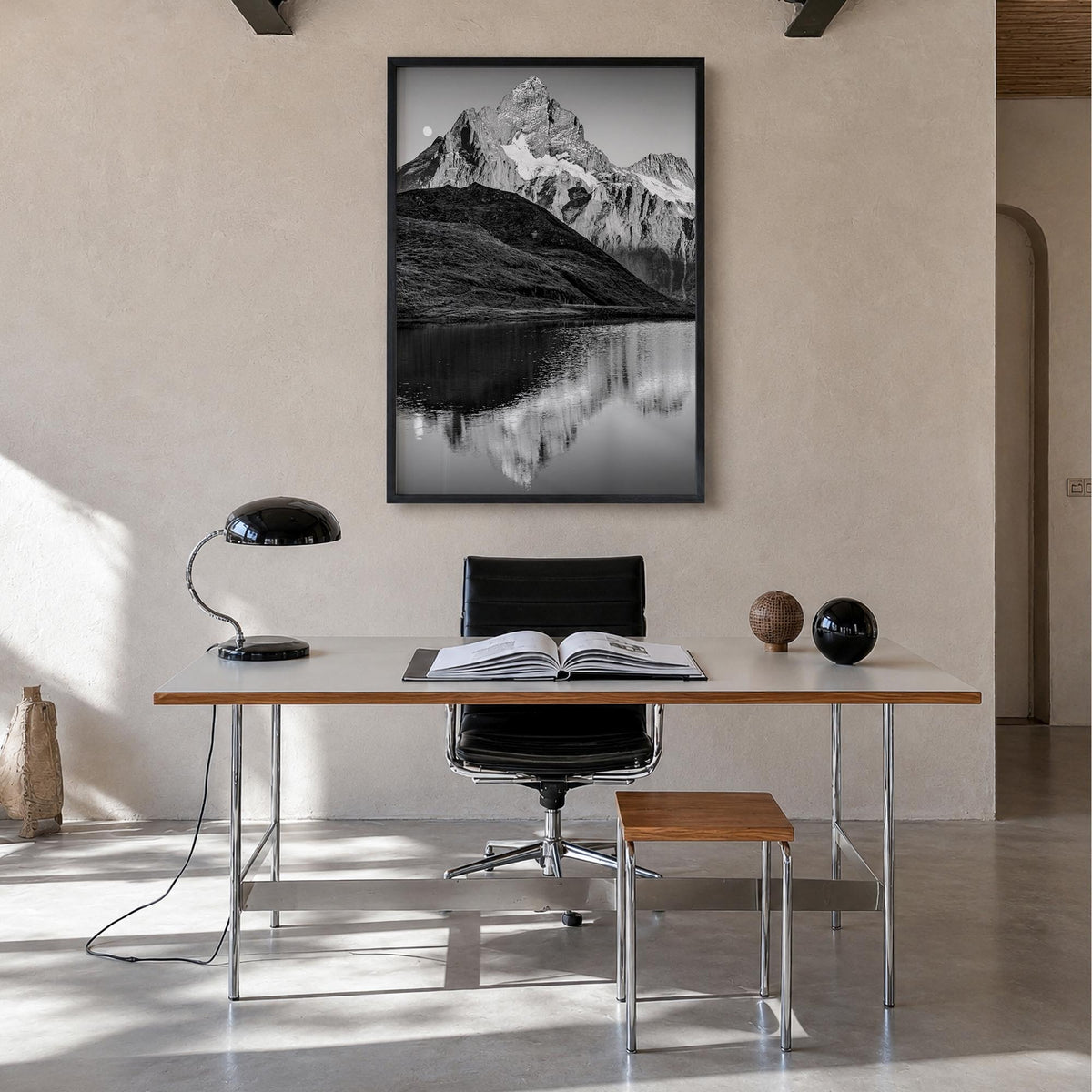 Bachalpsee black & white photo poster of Switzerland – vertical wall art in black wood frame, hanging on wall