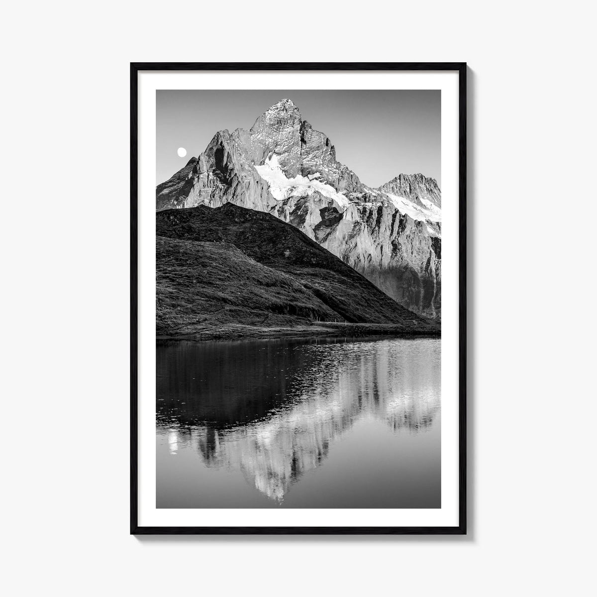 Bachalpsee black & white photo poster of Switzerland – vertical wall art, unframed print shown in interior mockup