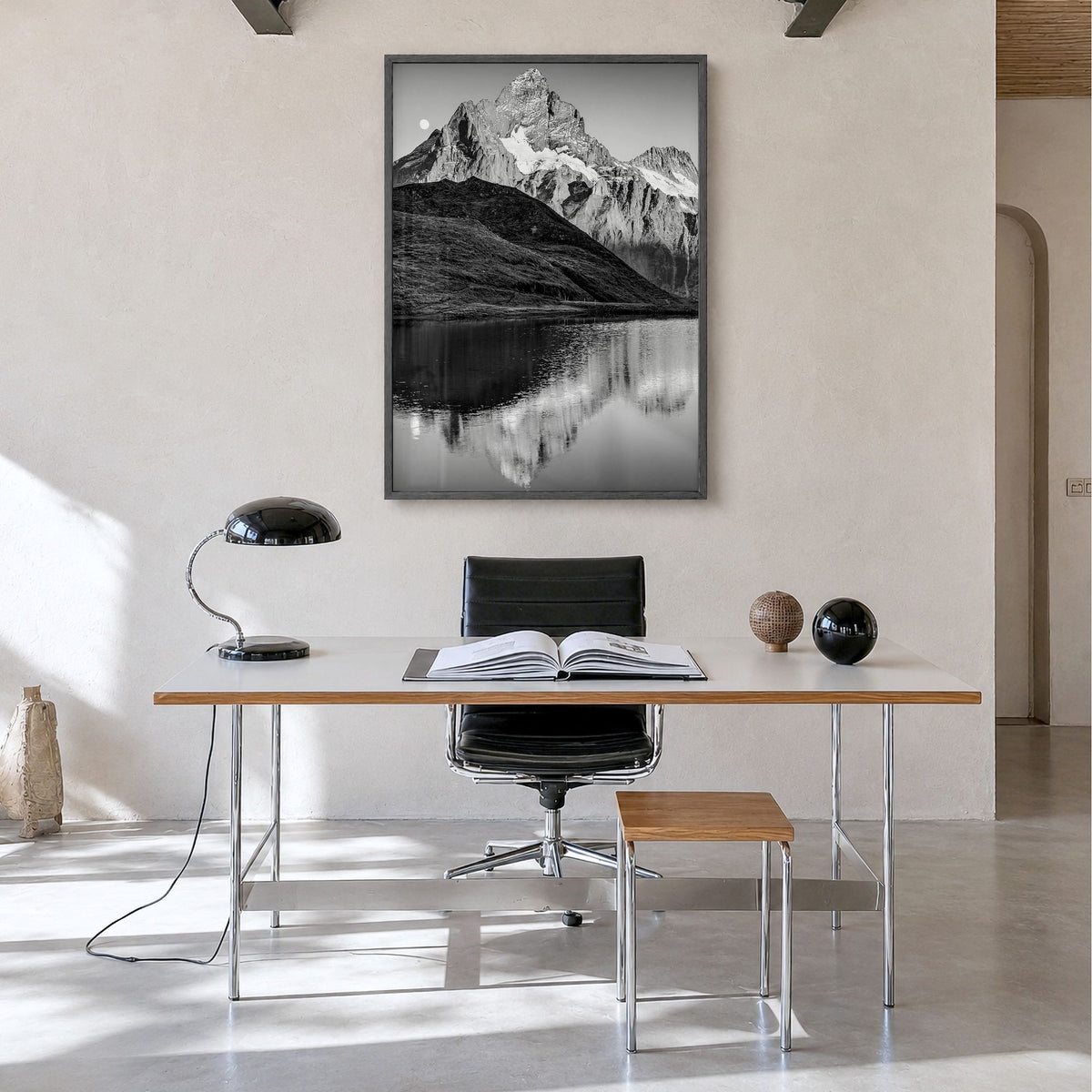 Bachalpsee Photo Poster in a black wood frame, hanging in a minimalist home office, full image (no border)
