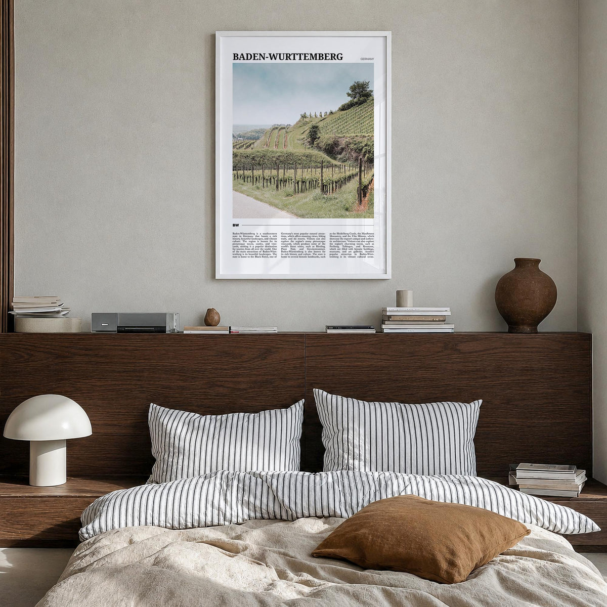 Baden-Württemberg no. 2 colorful travel poster of Germany – vertical wall art in white wood frame, hanging on wall