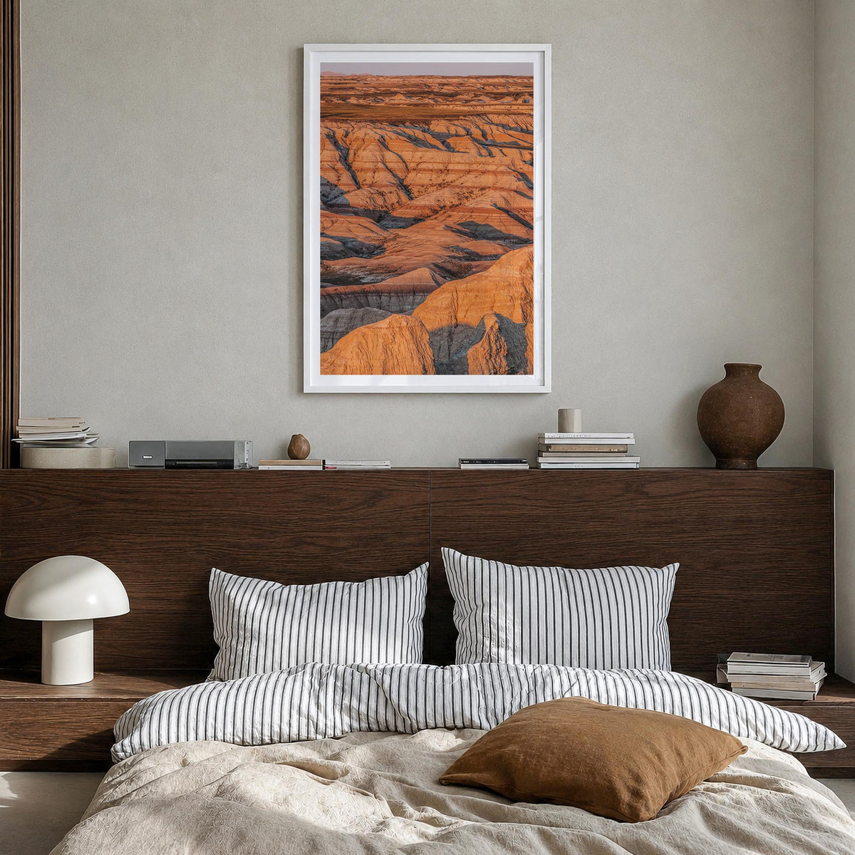Badlands National Park colorful photo poster of South Dakota, USA – vertical wall art in white wood frame with white border,