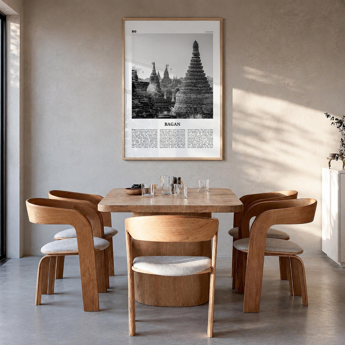 Bagan black & white newspaper poster of Myanmar – vertical wall art in natural wood frame, hanging on wall