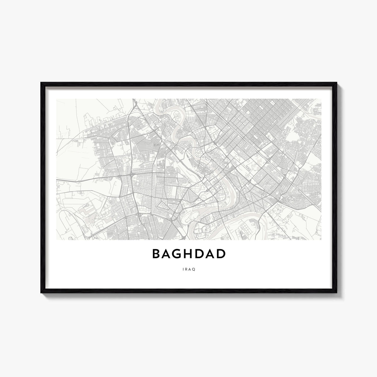 Baghdad black & white map poster of Iraq – horizontal wall art, unframed print shown in interior mockup