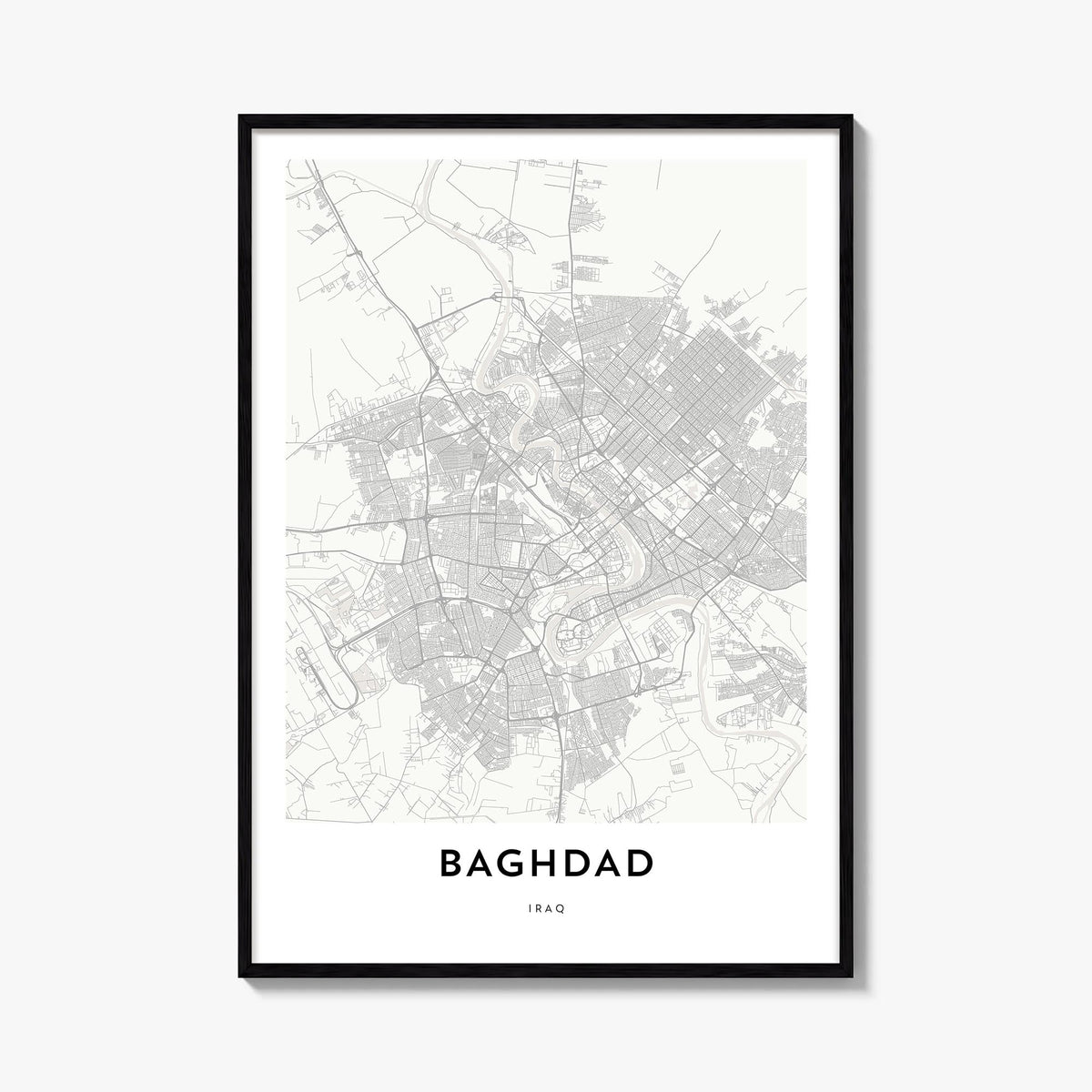 Baghdad black & white map poster of Iraq – vertical wall art, unframed print shown in interior mockup