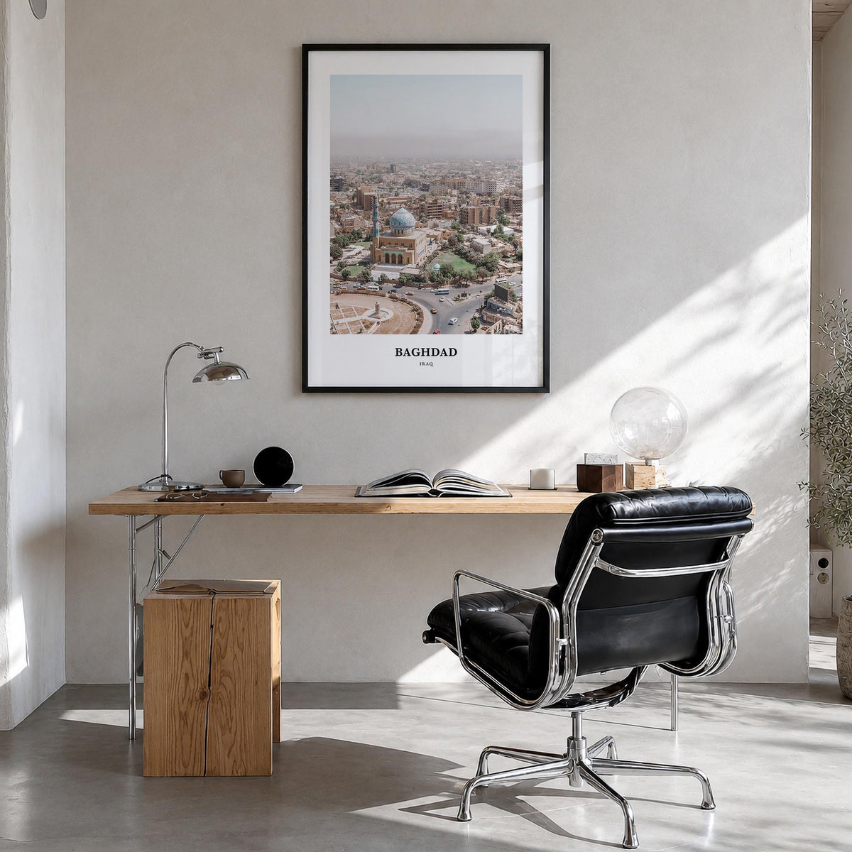 Baghdad colorful classic poster of Iraq – vertical wall art in black wood frame, hanging on wall